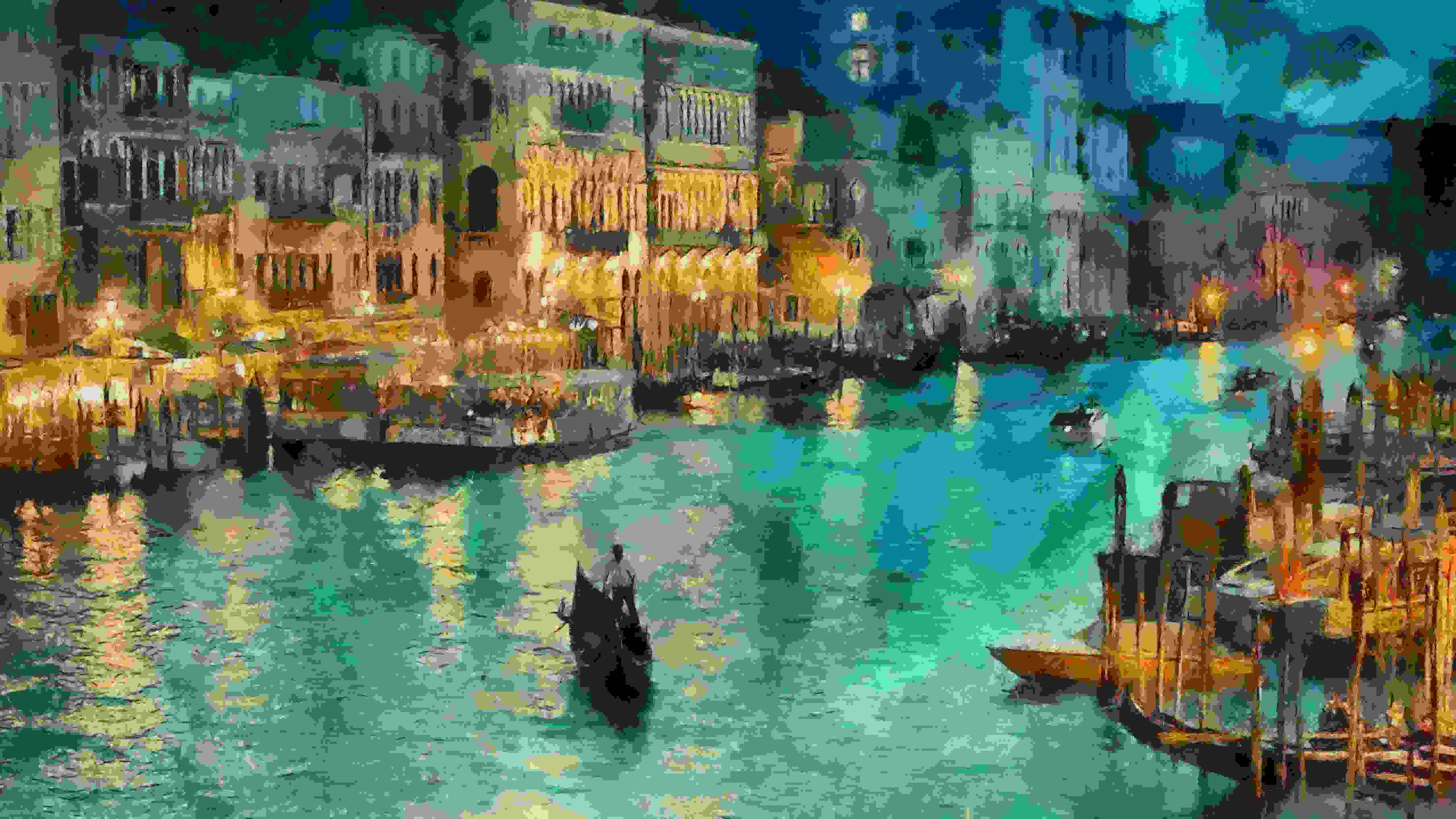 Painting of man standing on boat on canal