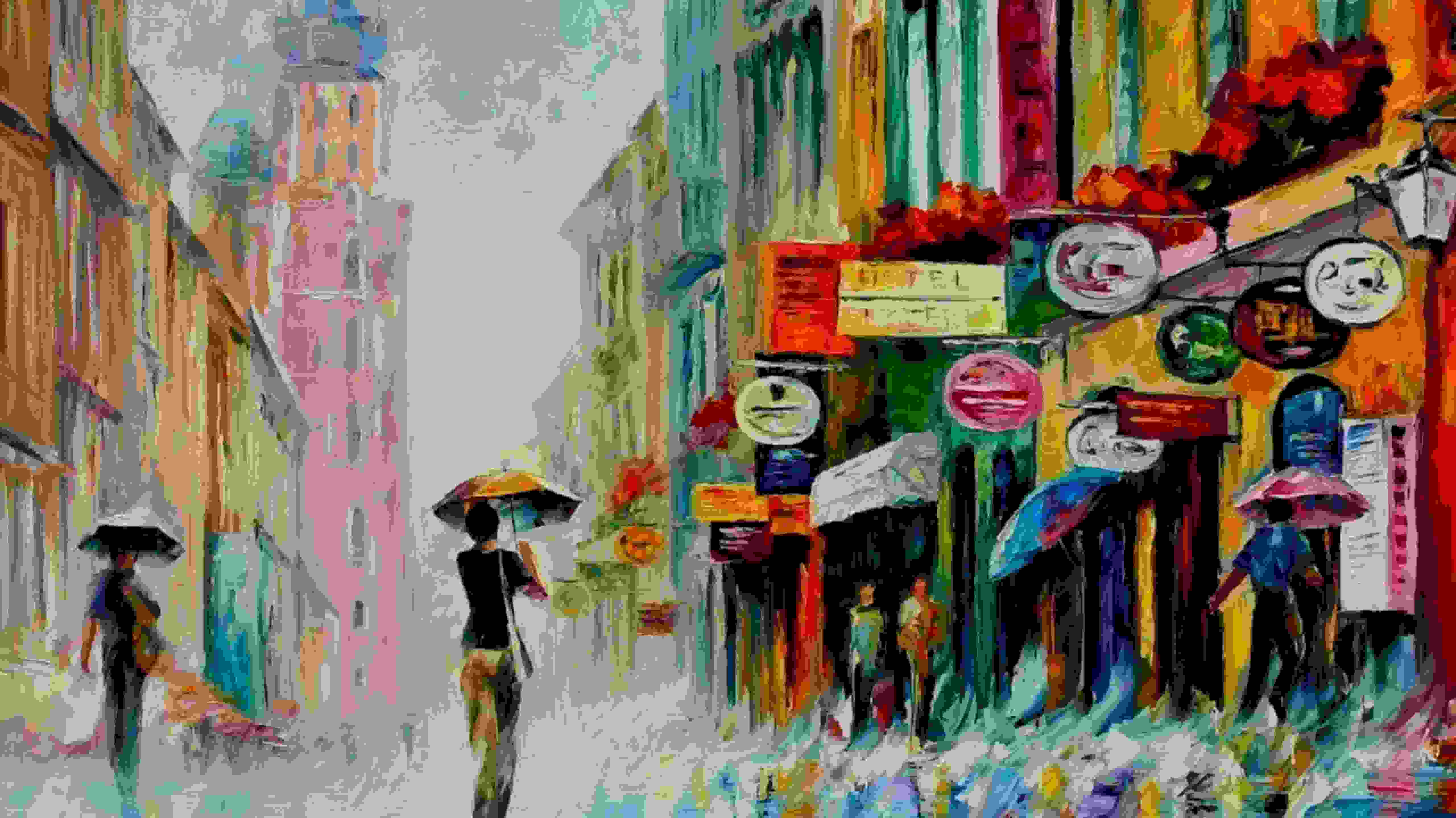People Walking On Street Rain - Oil Painting