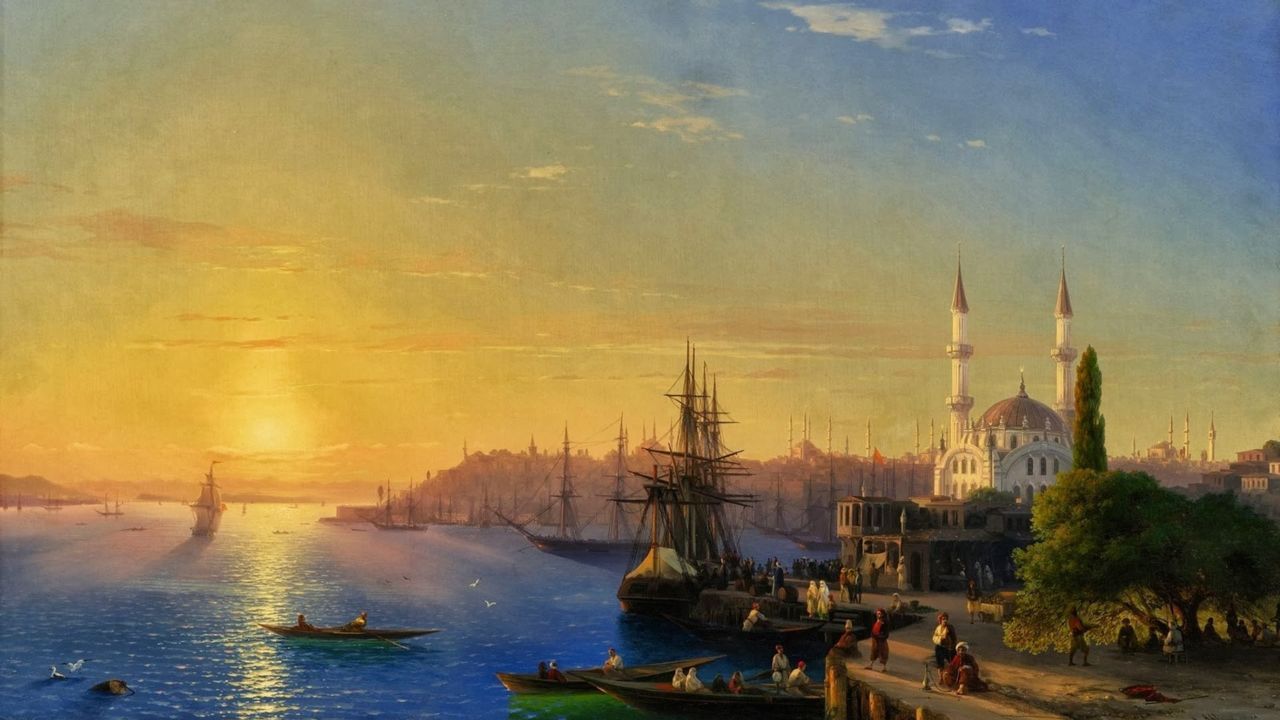 Brown Wooden Boat Near Buildings Painting