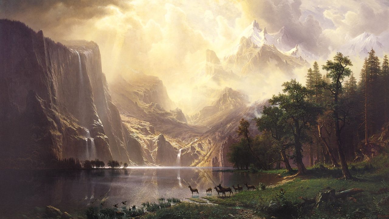 Lake between mountain and trees Painting