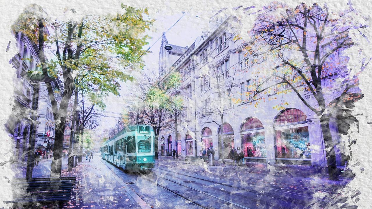 Watercolor Painting Of City Tram On Street
